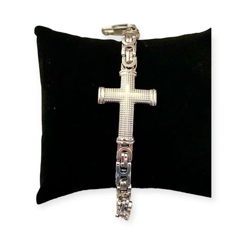 Men's Stainless Steel Cross Bracelet with textured silver cross and Byzantine chain links in polished 316L steel