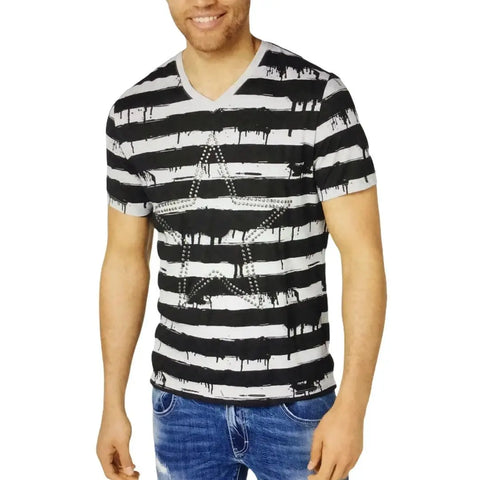 Men's Striped Star Studded T-Shirt Black Gray Drippy Stripes Studded Star V neck, Short Sleeve Cotton T-shirt xxl