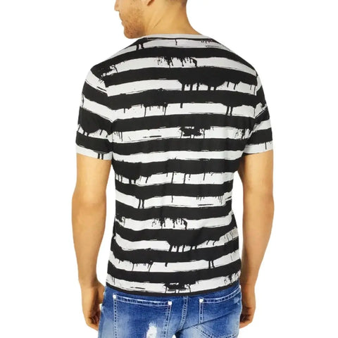 Men's Striped Star Studded T-Shirt Black Gray Drippy Stripes Studded Star V neck, Short Sleeve Cotton T-shirt xxl