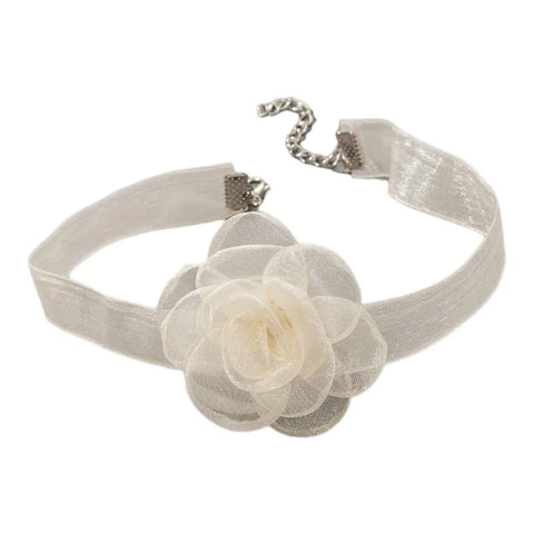 Mesh Rose Choker Necklace in soft gray with oversized semi sheer floral bloom and adjustable clasp
