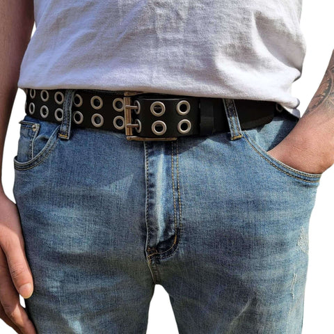 Metallic silver grommet buckle belt double row grommets square dual prong buckle stitched faux leather unisex adjustable fit Small to XL (out of black belt)