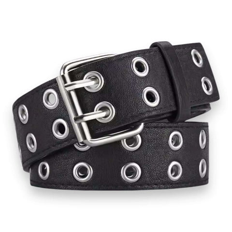 Metallic silver grommet buckle belt double row grommets square dual prong buckle stitched faux leather unisex adjustable fit Small to XL (out of black belt)