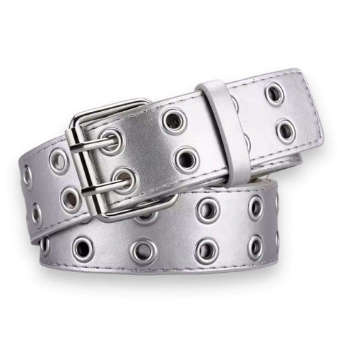Metallic silver grommet buckle belt double row grommets square dual prong buckle stitched faux leather unisex adjustable fit Small to XL