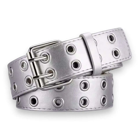 Metallic silver grommet buckle belt double row grommets square buckle faux leather unisex adjustable fit Small to XL