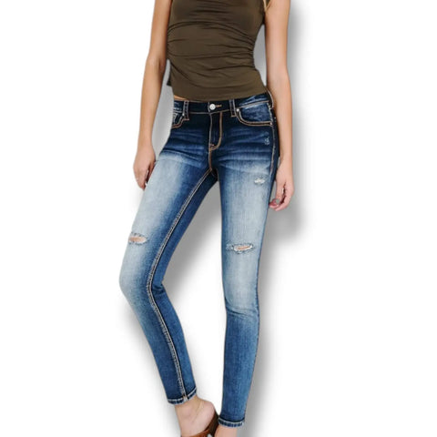 Mid Rise Distressed Denim Skinny Jeans