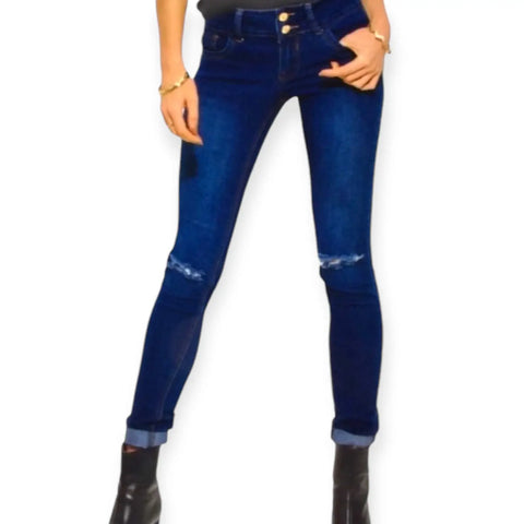 distressed mid rise skinny jeans dark wash stretch denim with knee distressing and double button waist