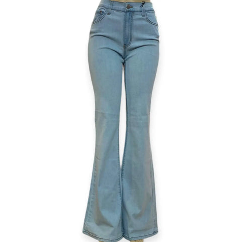 Wide bell bottom hem on mid-rise light blue denim jeans for Y2K retro style