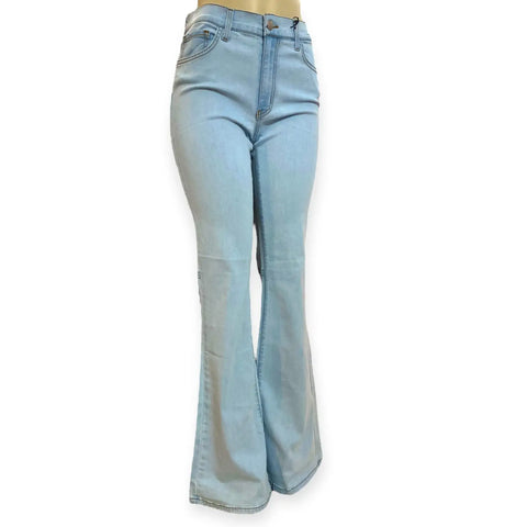 Mid rise light blue flared jeans with bell bottom silhouette for boho festival fashion