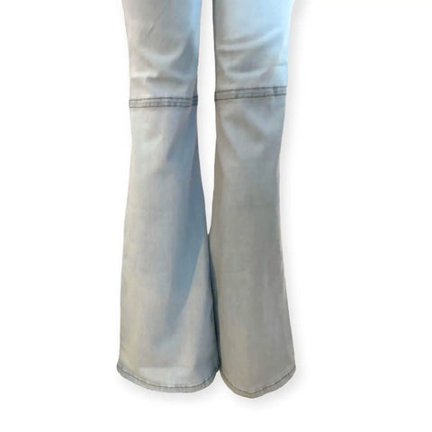 Vintage-inspired light blue flared jeans with subtle whiskering behind knees