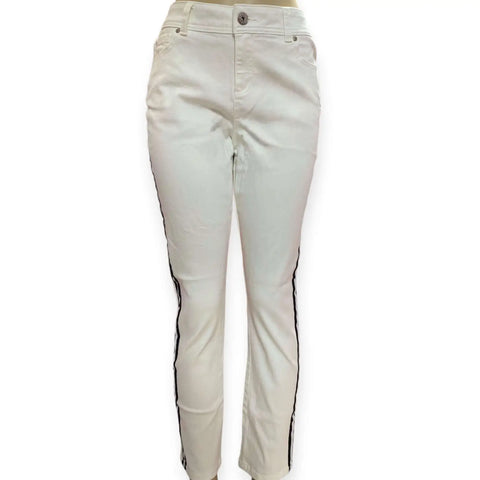 Mid Rise White Black Striped Ankle Skinny Jeans tapered fit stretch denim comfort for streetwear