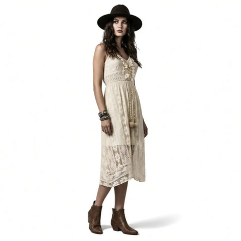 Boho Beige Floral Lace Sleeveless Midi Dress lined, summer attire xl