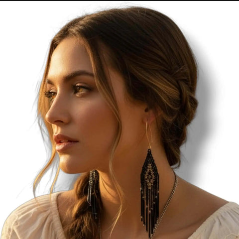 Midnight Gold Beaded Fringe Earrings with glass black seed & bugle beads, gold seed beads, and long marquise wire shoulder dusters