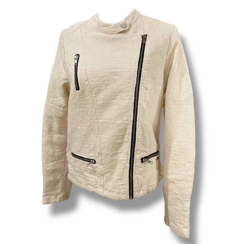 Ivory Textured Biker Jacket with black zipper accents, asymmetric moto front, snap collar, and palm print lining – edgy women's mid weight cotton jacket. 