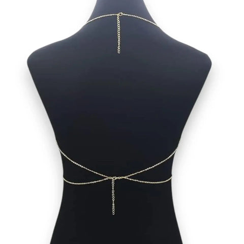 Minimalist Chest Harness Dainty Body Chain with gold or silver round link Y-chain, adjustable waist harness, and delicate body jewelry style back view