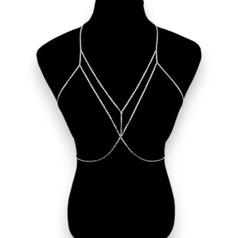 Minimalist Chest Harness Dainty Body Chain with gold or silver round link Y-chain, adjustable waist harness, and delicate body jewelry style