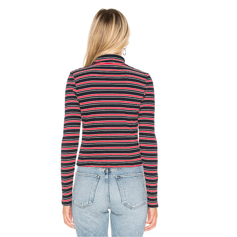 Mock Neck Striped Rib Knit Long Sleeve Top 