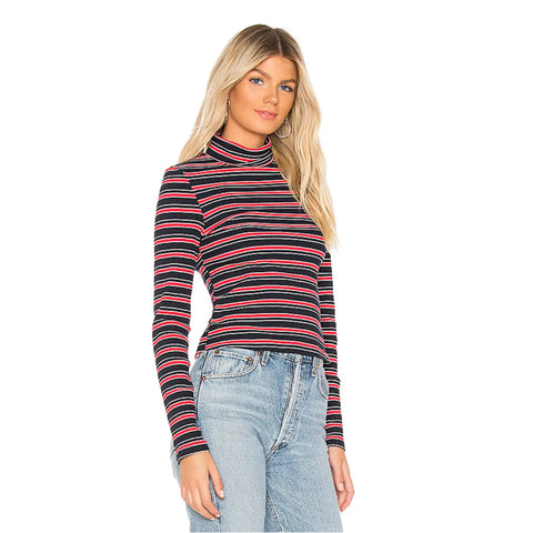Mock Neck Striped Rib Knit Long Sleeve Top