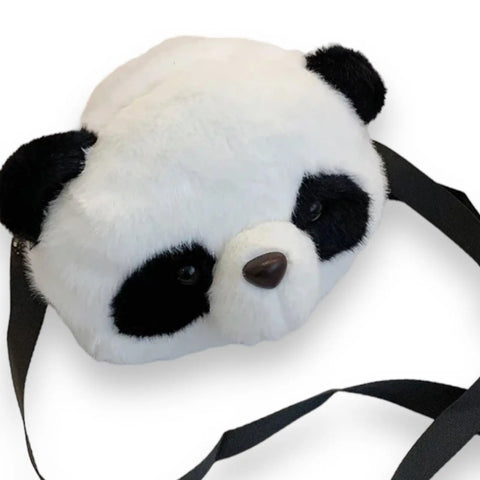 Movin Panda Bear Crossbody Bag featuring fluffy white and black design with cute eyes and detachable strap.