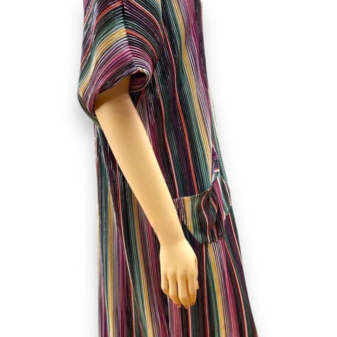Colorful striped button down long robe with mock collar, front pockets, and full-length pleated plissé fabric. Worn as kaftan, house dress, or layering robe.