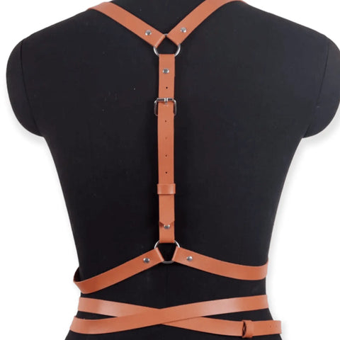 Multi Wrap Adjustable Body Harness Belt Vegan leather with silver hardware adjustable chest harness in red, black, or brown.