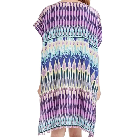 Multicolor Abstract Print Tunic Cover Up backside woman wearing with pom pom trim