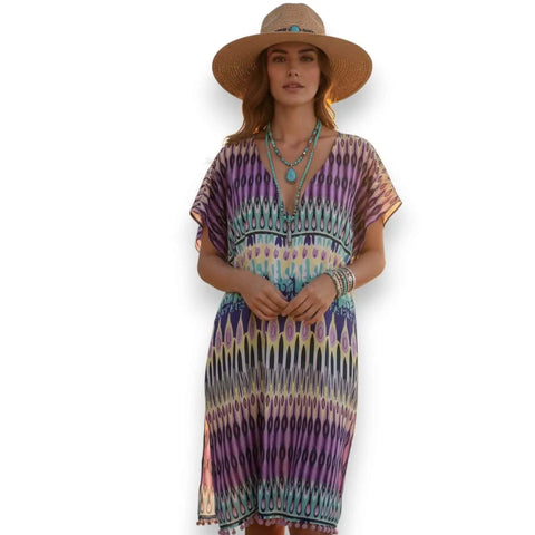 Multicolor Abstract Print Tunic Cover Up wearing with summer accessories