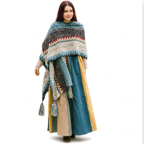 boho woman wearing with dress teal Multicolor Knit Poncho Wrap with colorful loom-knit pattern and large tassels