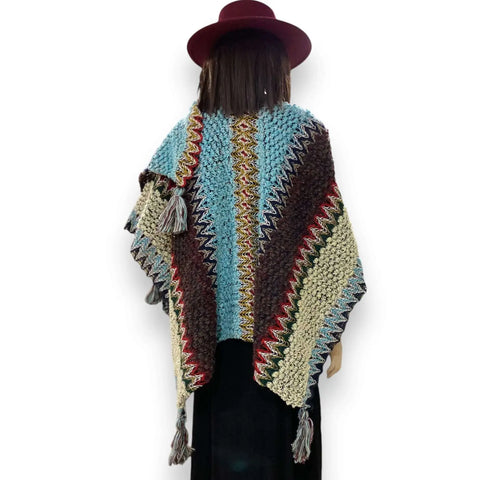 teal Multicolor Knit Poncho Wrap with colorful loom-knit pattern and large tassels