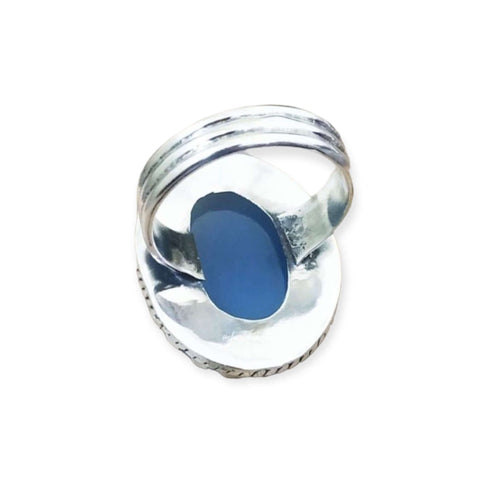 Natural Blue Chalcedony Stone Sterling Silver Ring with oval cabochon, serrated crown bezel, and braided rope edge  backside ring size 8