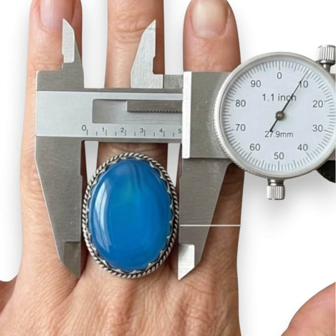 Natural Blue Chalcedony Stone Sterling Silver Ring with oval cabochon, serrated crown bezel, and braided rope edge  ring size 8 measurements