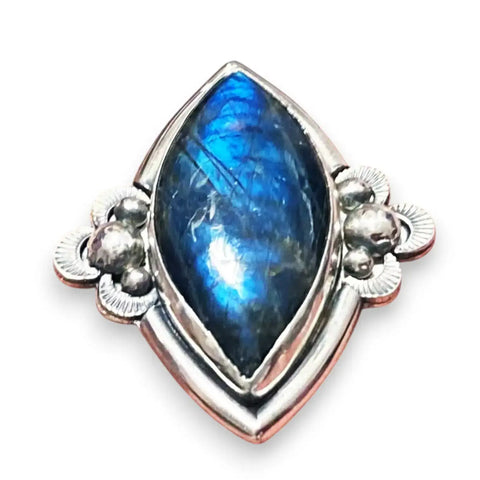 Natural Blue Labradorite Statement Ring size 9 statement marquise shaped one of a kind usa artisan