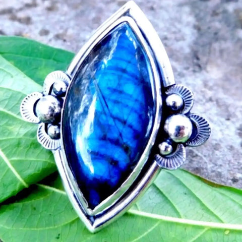 Natural Blue Labradorite Statement Ring size 9 statement marquise shaped one of a kind usa artisan