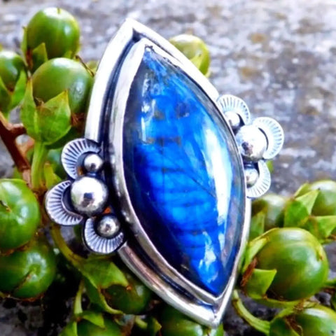 Natural Blue Labradorite Statement Ring size 9 statement marquise shaped one of a kind usa artisan