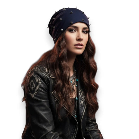 Spiked O-ring winter beanie hat with silver-tone hardware and fleece-lined slouchy design/ navy
