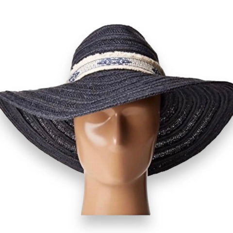 Navy blue wide brim straw sun hat with grosgrain ribbon band for summer beachwear and sun protection