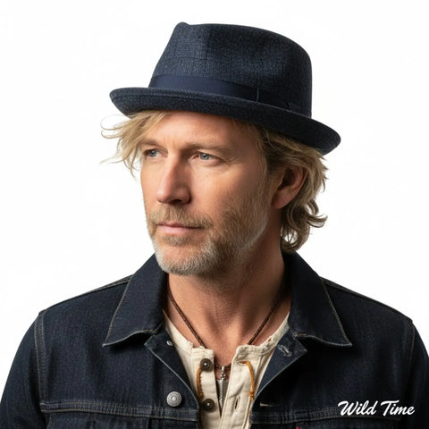 Men's checked pork pie hat in gray or navy with black band, telescope crown and curled stingy brim / navy blue