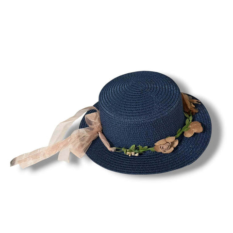 Floral Crown Summer Straw brown, navy blue, and tan with floral lace hat band or hair band