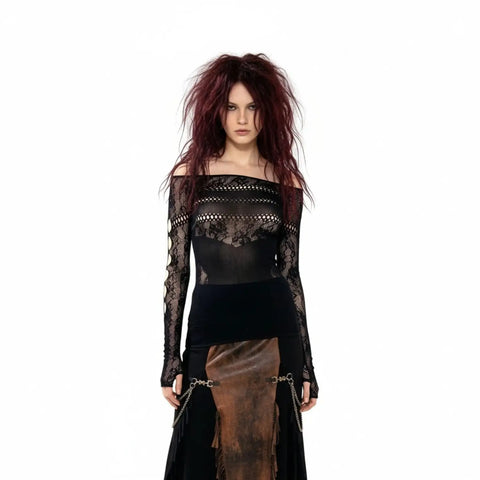 Black off shoulder sheer mini dress with long cut-out sleeves, thumb holes and fitted lace silhouette