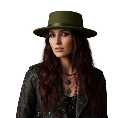 Retro jazz flat top fedora hat with short stiff brim, structured crown olive green/ s/m