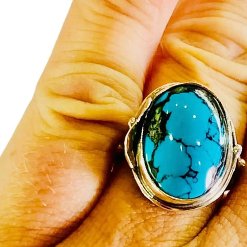 One of a Kind Natural Turquoise Ring with blue oval stone, dark matrix veining and handcrafted sterling silver setting