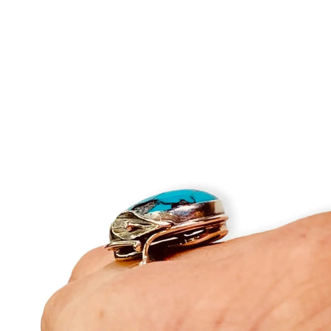 One of a Kind Natural Turquoise Ring with blue oval stone, dark matrix veining and handcrafted sterling silver setting