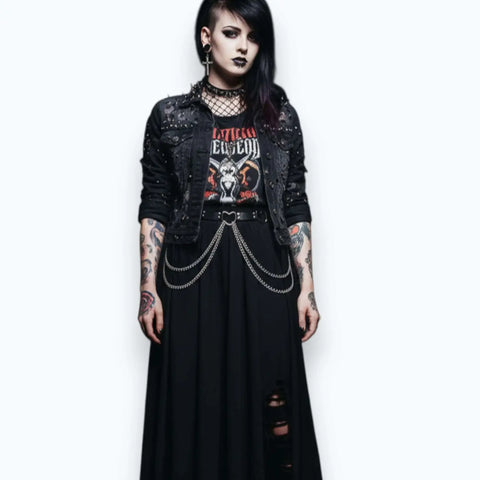 Open Hearts Double Chain Black Belt with silver heart hardware and double draped chains for punk style