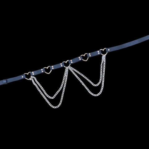 Open Hearts Double Chain Black Belt with silver heart hardware and double draped chains for punk style