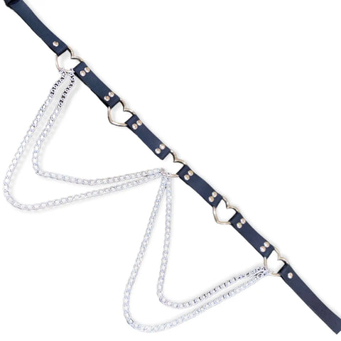 Open Hearts Double Chain Black Belt with silver heart hardware and double draped chains for punk style