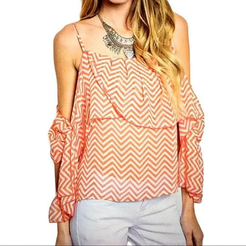 Open Shoulder Ruffled Bow Knot Sleeve Top with orange white chevron print, scoop neckline, and draped sleeves model wearing