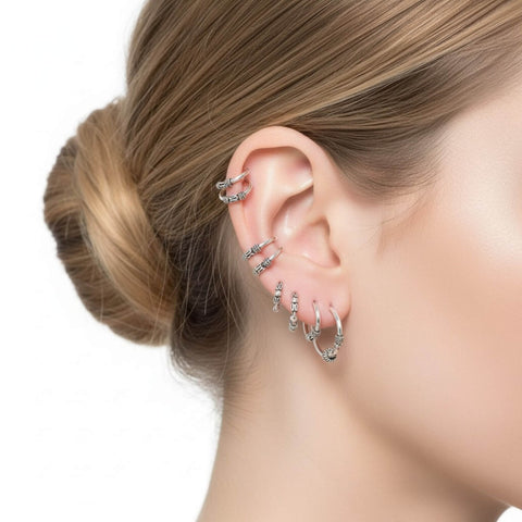 Ornate Silver Hoop & Ear Cuff Earring Set 8 pcs - One Size / Female / Adults - Women’s Earrings