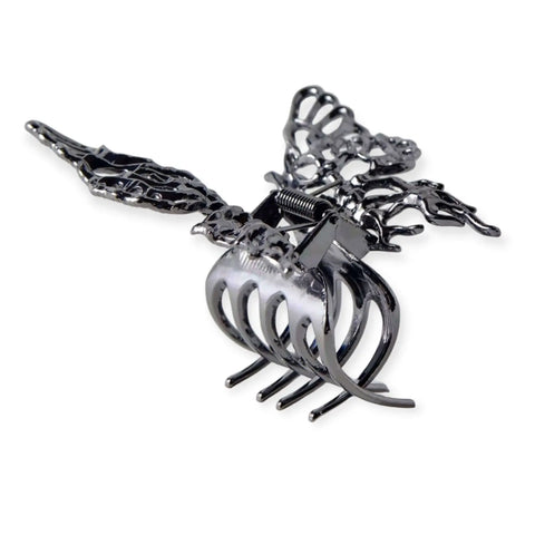 Oversized Black Butterfly Wings Hair Clips with hollow metal design and strong claw grip for goth and Y2K hairstyles