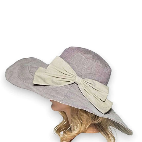 Oversized Brim Cotton Reversible Sun Hat - portable, chin strap, removable bow brooch
