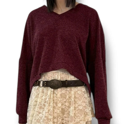 Oversized burgundy v-neck fuzzy chenille sweater with rib-knit cuffs and hem, relaxed fit long sleeve cozy knit top