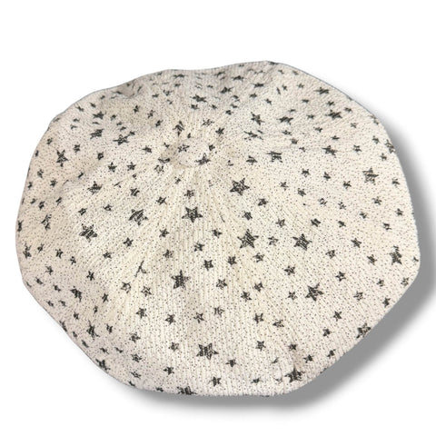 Oversized Newsboy Big Volume Hat in ivory textured knit with faded black stars, slouchy crown, and soft brim flat view